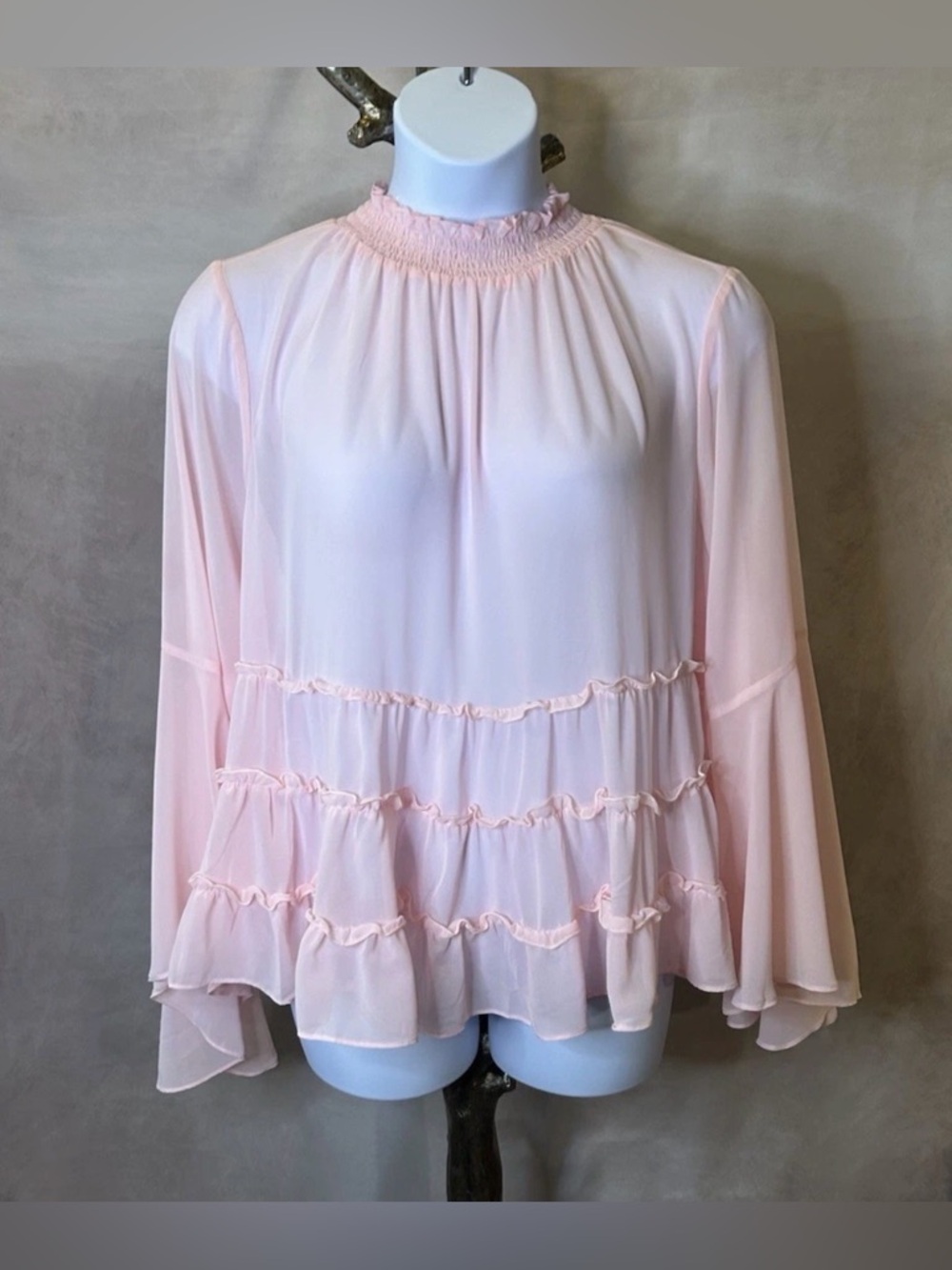 Torrid Sheer Chiffon Light Pink Ruffle Tiered Long-Sleeve Blouse Plus Size 2